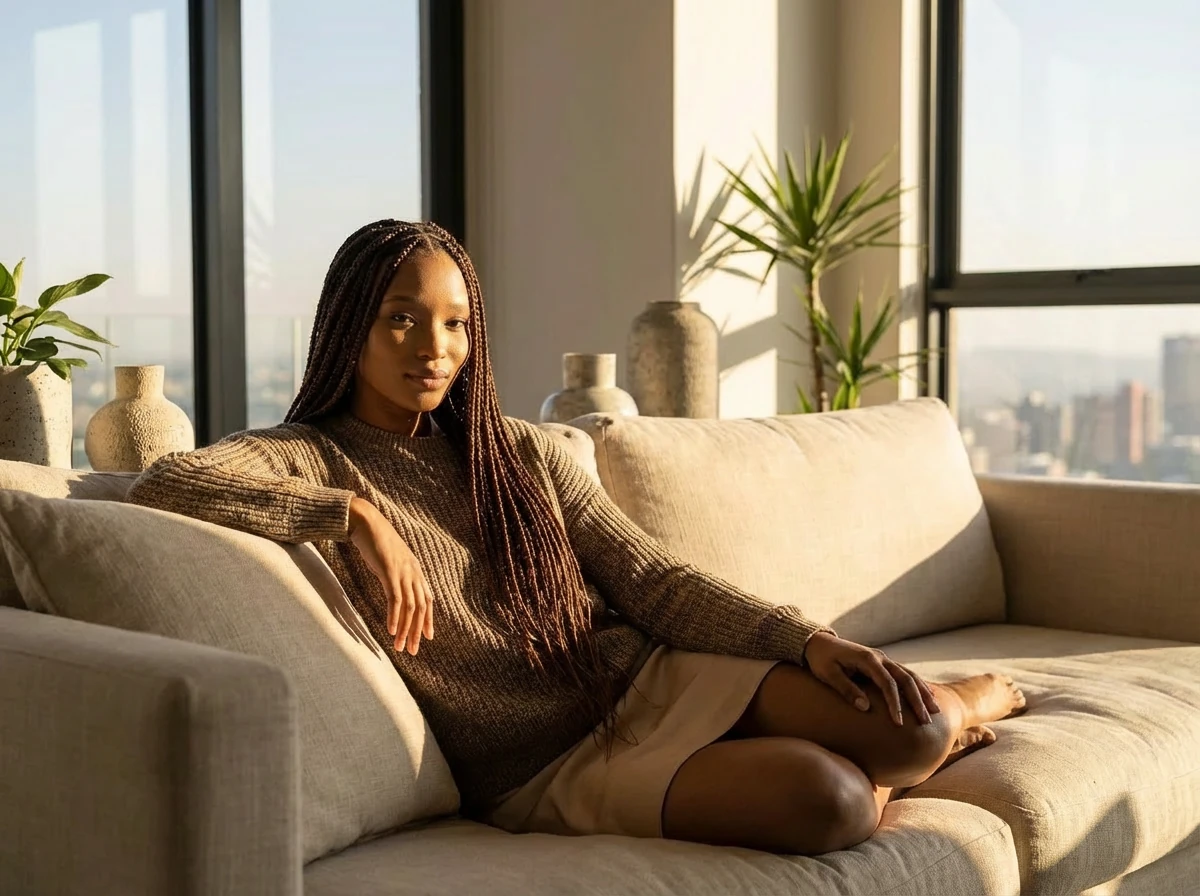 Box braids in a relaxed at-home setting