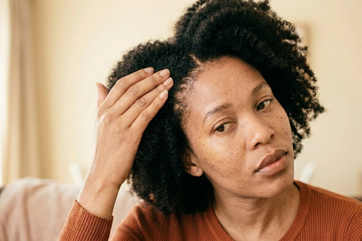 Hair and scalp consultation at Booked and Beautiful Pretoria East: woman examining her natural hairline, scalp health assessment