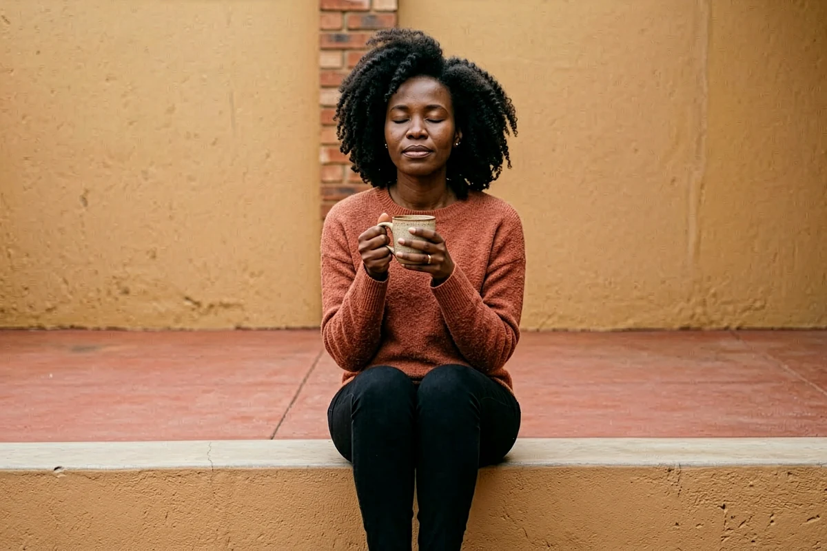 Natural hair treatment at Booked and Beautiful, Pretoria East: a woman relaxing on a South African stoep, coily natural hair, calm self-care moment